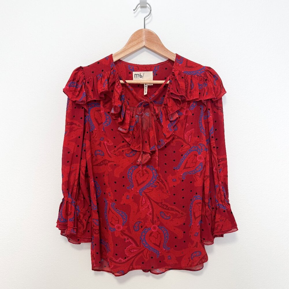 Ted Baker MiB Engels Red Ruffle Self Tie Crepe Paisley Print Blouse Size 1 Small